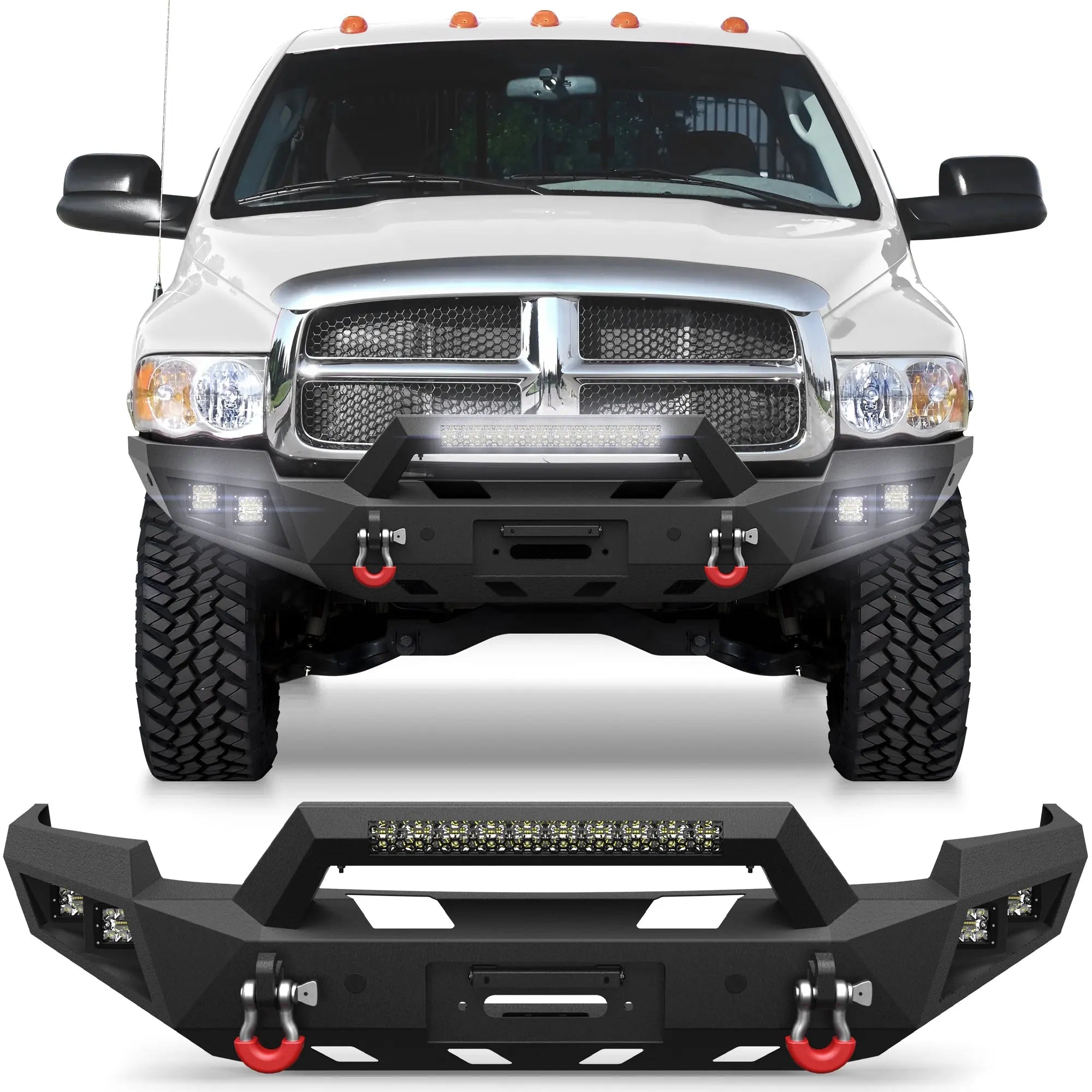 03-05 Ram 2500 Front Bumper Full Width Offroad Bumper w/Winch Plate, 144W Light Bar, 4x18w Lights, D-rings, License Plate Bracket for 2003-2005 Dodge Ram 2500/3500 Pickup Truck (Excl. Diesel) POFENZE