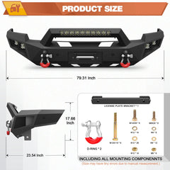 03-05 Ram 2500 Front Bumper Full Width Offroad Bumper w/Winch Plate, 144W Light Bar, 4x18w Lights, D-rings, License Plate Bracket for 2003-2005 Dodge Ram 2500/3500 Pickup Truck (Excl. Diesel) POFENZE