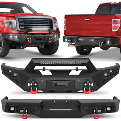 09-14 F150 Front + Rear Bumper Set, Full Width Offroad Bumper w/Winch Plate, 144W Light Bar, 6x18w Fog Lights, D-rings, License Plate Bracket for 2009-2014 Ford F150 Truck (Excluding Raptor) POFENZE