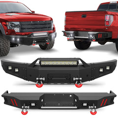10-14 F150 Front Rear Bumper Set, Full Width Offroad Bumper w/Winch Plate, 144W Light Bar, 6x18w Fog Lights, D-rings, License Plate Bracket for 2010-2014 Ford F150 SVT Raptor Only POFENZE