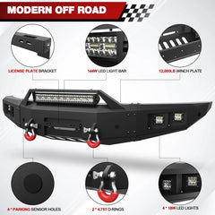 10-14 F150 Front Rear Bumper Set, Full Width Offroad Bumper w/Winch Plate, 144W Light Bar, 6x18w Fog Lights, D-rings, License Plate Bracket for 2010-2014 Ford F150 SVT Raptor Only POFENZE