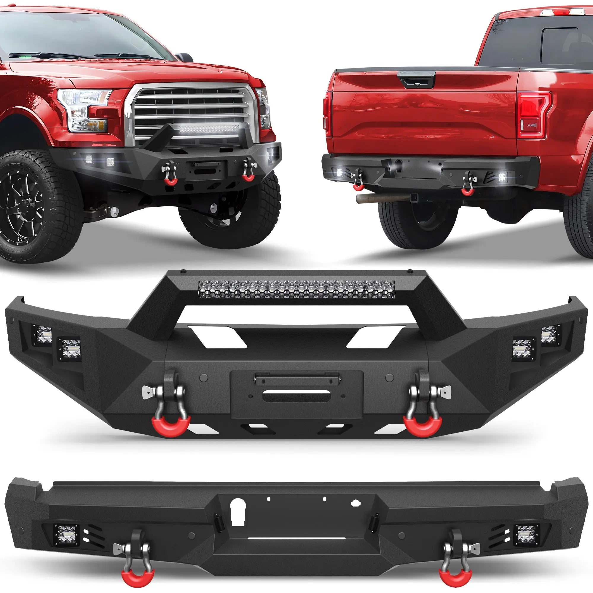 15-17 F150 Front + Rear Bumper, Full Width Offroad Bumper w/Winch Plate, 144W Light Bar, 6x18w Fog Lights, D-rings, License Plate Bracket for 2015-2017 Ford F150 (Excluding Raptor/Ecoboost) POFENZE
