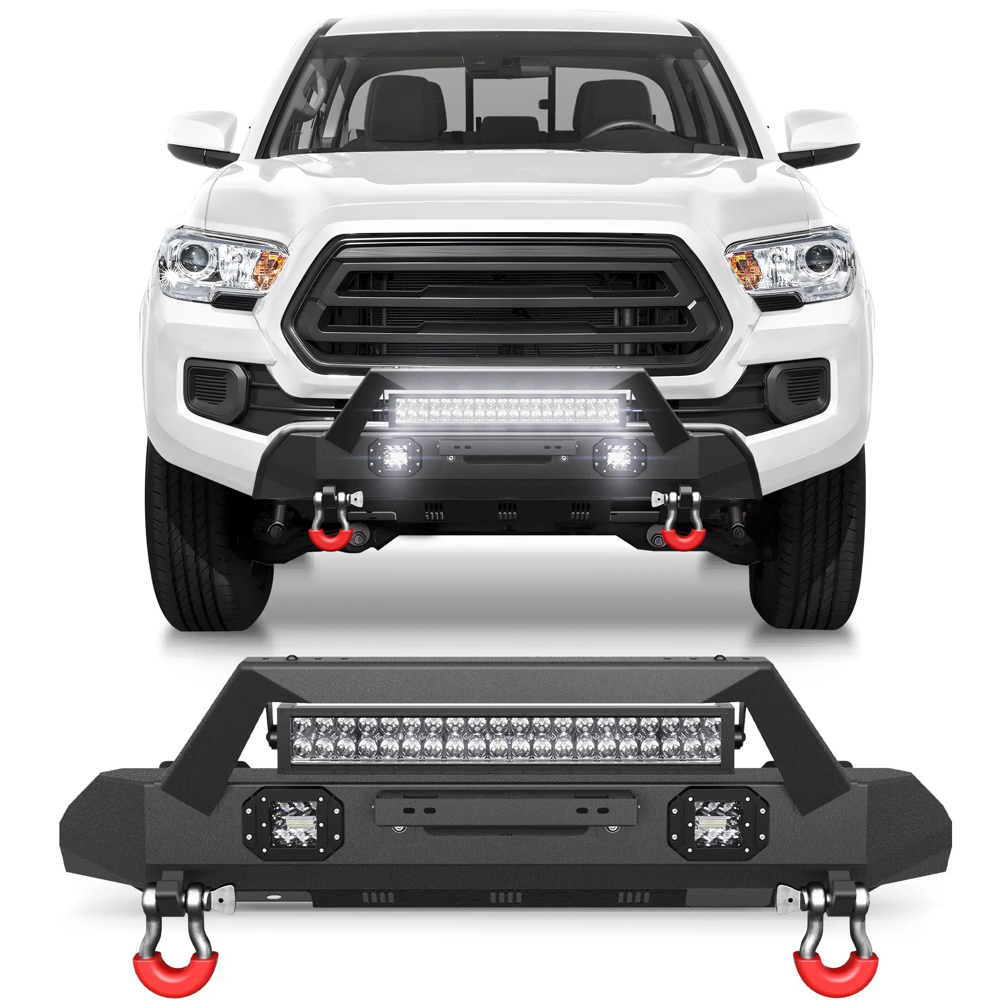 16-23 Tacoma Front Bumper Stubby Offroad Bumper w/Winch Plate, 144W Light Bar, 2x18w Lights, D-rings, Skid Plate, License Plate Bracket for 2016-2023 Tacoma Pickup Trucks POFENZE