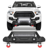 16-23 Tacoma Front Bumper Stubby Offroad Bumper w/Winch Plate, 144W Light Bar, 2x18w Lights, D-rings, Skid Plate, License Plate Bracket for 2016-2023 Tacoma Pickup Trucks POFENZE