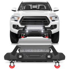 16-23 Tacoma Front Bumper Stubby Offroad Bumper w/Winch Plate, 144W Light Bar, 2x18w Lights, D-rings, Skid Plate, License Plate Bracket for 2016-2023 Tacoma Pickup Trucks POFENZE