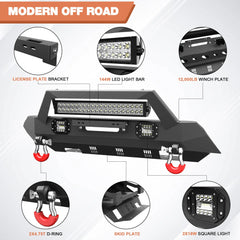 16-23 Tacoma Front Bumper Stubby Offroad Bumper w/Winch Plate, 144W Light Bar, 2x18w Lights, D-rings, Skid Plate, License Plate Bracket for 2016-2023 Tacoma Pickup Trucks POFENZE