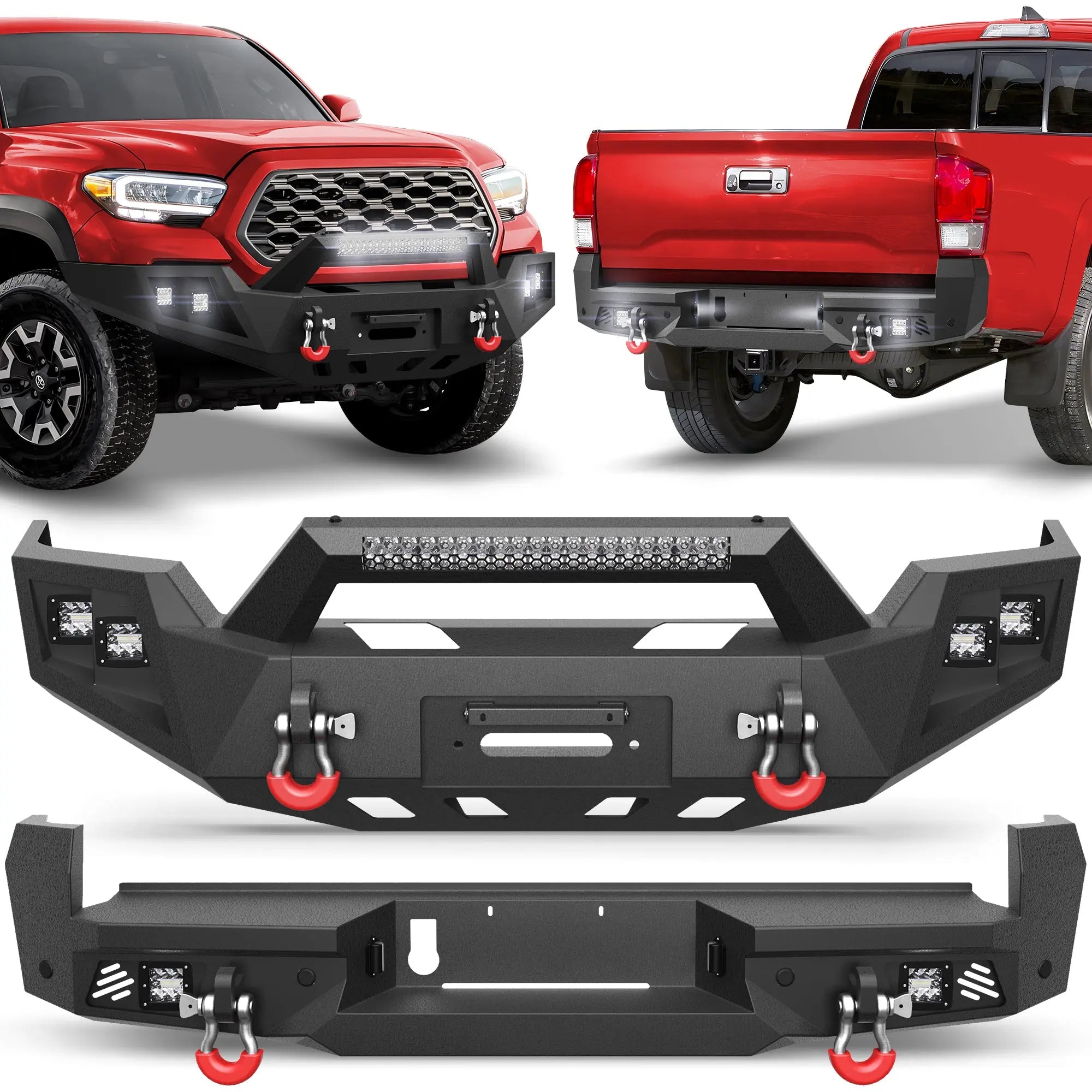 16-23 Tacoma Front and Rear Bumper Set, Long Offroad Bumper w/Winch Plate, 144W Light Bar, 6x18w Fog Lights, D-rings, License Plate Bracket and Lights for 2016-2023 Tacoma 3rd Gen POFENZE
