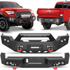 16-23 Tacoma Front and Rear Bumper Set, Long Offroad Bumper w/Winch Plate, 144W Light Bar, 6x18w Fog Lights, D-rings, License Plate Bracket and Lights for 2016-2023 Tacoma 3rd Gen POFENZE