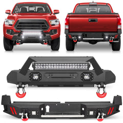 16-23 Tacoma Front and Rear Bumper Set, Stubby Offroad Bumper w/Winch Plate, Skid Plate, 144W Light Bar, 4x18w Fog Lights, D-rings, License Plate Bracket for 2016-2023 Tacoma 3rd Gen POFENZE
