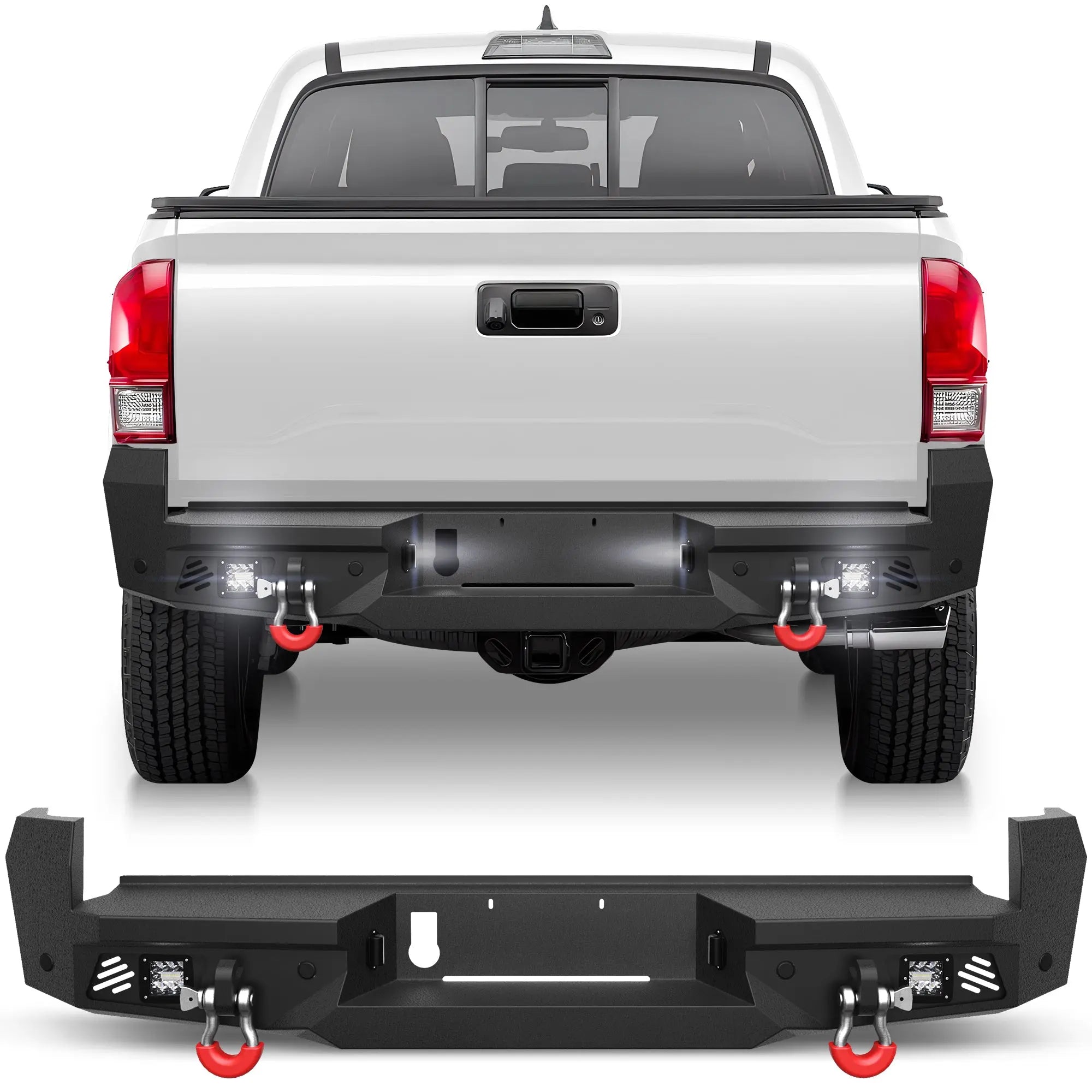 16-23 Tacoma Rear Bumper Full Width Offroad Bumper w/Step Plate, 2x18w Lights, D-rings, License Plate Lights for 2016-2023 Tacoma 3rd Gen POFENZE
