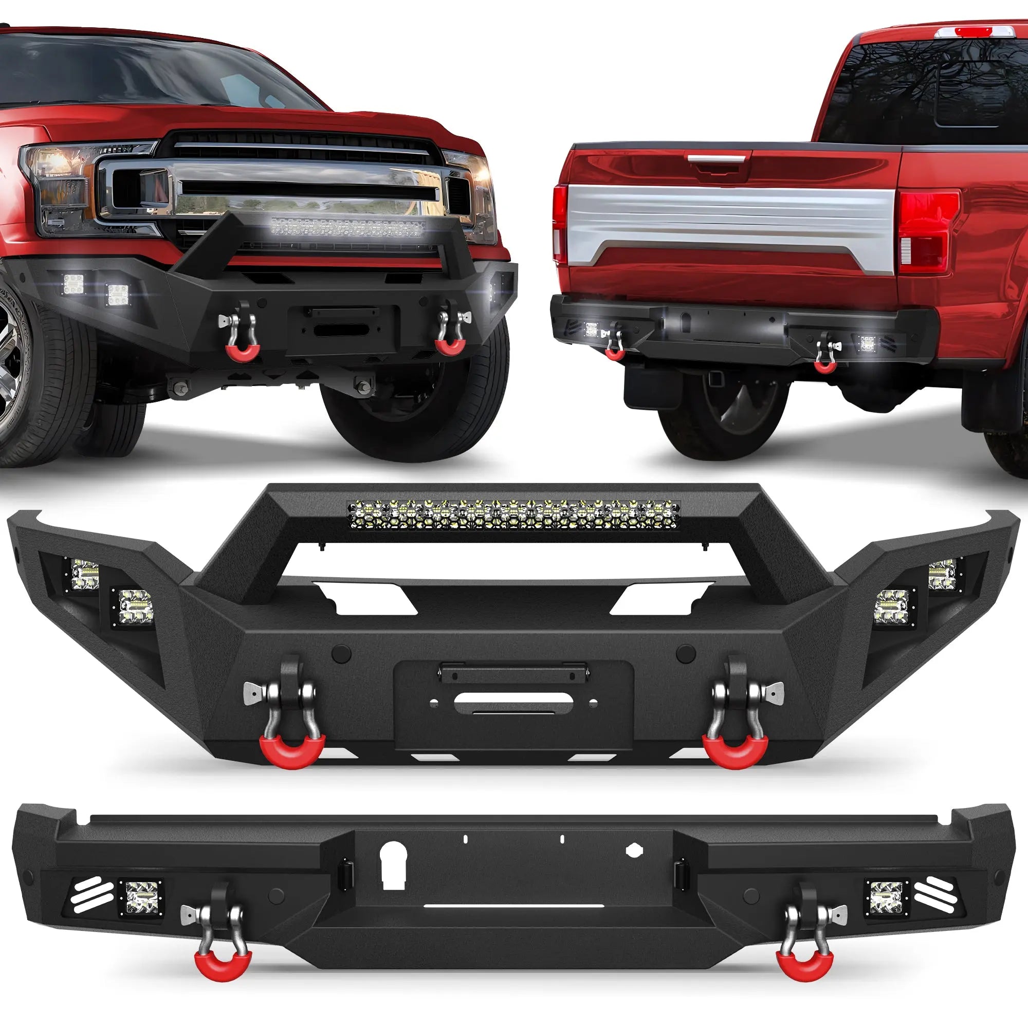 18-20 F150 Front Rear Bumper Set, Full Width Offroad Bumper w/Winch Plate, 144W Light Bar, 6x18w Fog Lights, D-rings, License Plate Bracket for 2018-2020 Ford F150 Truck (Excluding Raptor) POFENZE