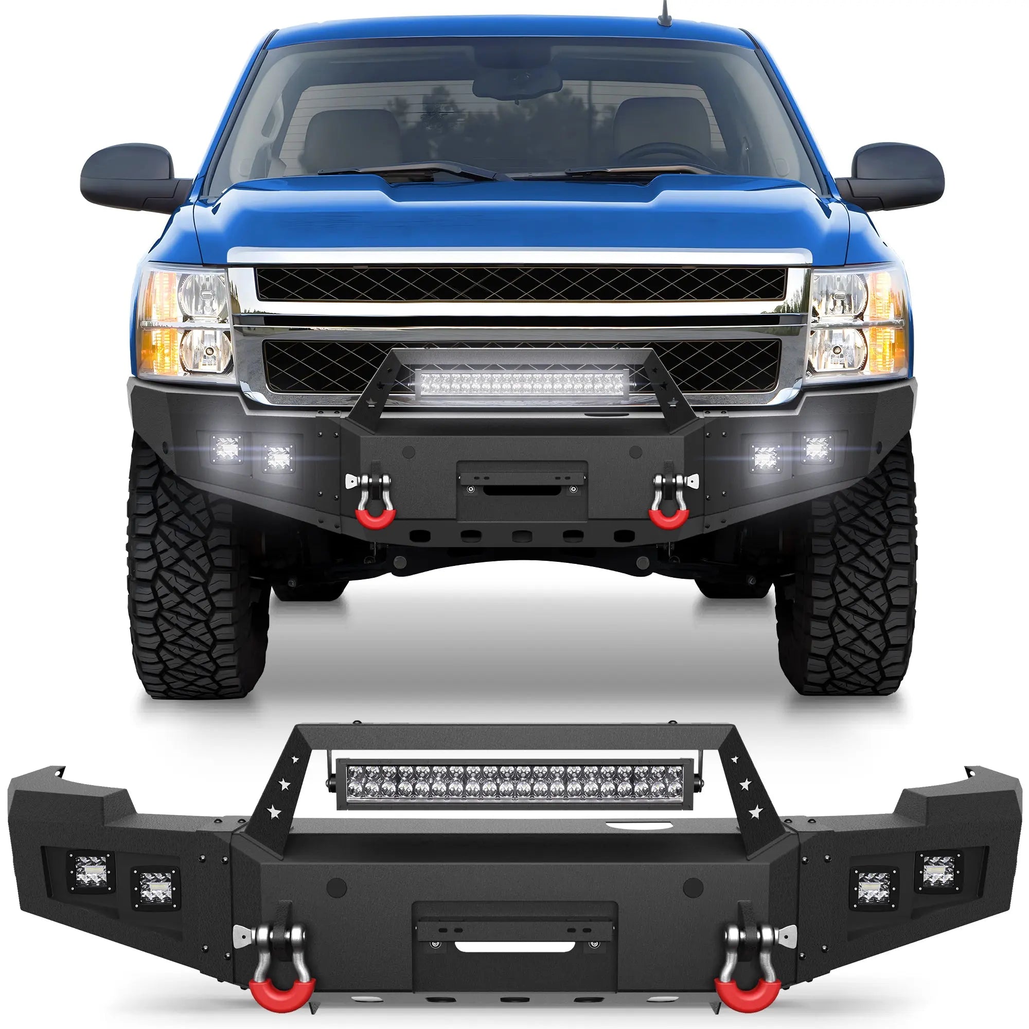 2011-2014 Chevy Silverado 2500/3500 Front Bumper Full Width Offroad Bumper w/Winch Plate, 144W Light Bar, 4x18w Lights, D-rings, License Plate Bracket POFENZE