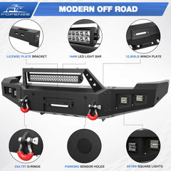 2011-2014 Chevy Silverado 2500/3500 Front Bumper Full Width Offroad Bumper w/Winch Plate, 144W Light Bar, 4x18w Lights, D-rings, License Plate Bracket POFENZE