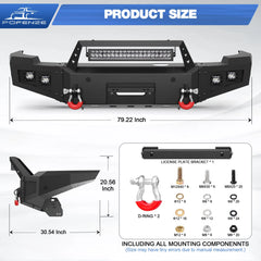 2011-2014 Chevy Silverado 2500/3500 Front Bumper Full Width Offroad Bumper w/Winch Plate, 144W Light Bar, 4x18w Lights, D-rings, License Plate Bracket POFENZE
