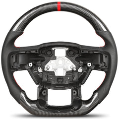 Carbon Fiber Steering Wheel for F150 2015-2020 D-shaped Flat-bottom Steering Wheel Perforated Leather Grip Hand-Stitched for F150 Models Without Paddle Shifters(Red Line) POFENZE