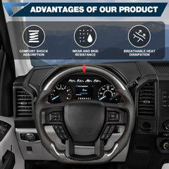 Carbon Fiber Steering Wheel for F150 2015-2020 D-shaped Flat-bottom Steering Wheel Perforated Leather Grip Hand-Stitched for F150 Models Without Paddle Shifters(Red Line) POFENZE