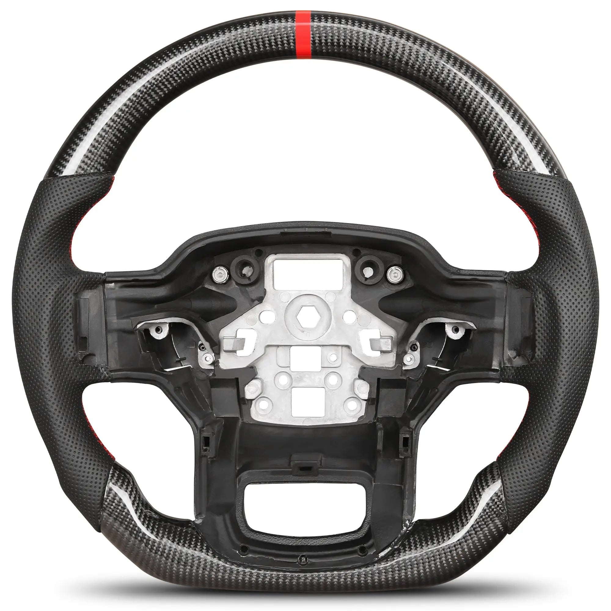 Carbon Fiber Steering Wheel for F150 2021-2024 D-shaped Flat-bottom Steering Wheel Perforated Leather Grip Hand-Stitched for Ford for F250/F350/F450 Models Without Paddle Shifters(Red Line) POFENZE