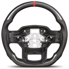 Carbon Fiber Steering Wheel for F150 2021-2024 D-shaped Flat-bottom Steering Wheel Perforated Leather Grip Hand-Stitched for Ford for F250/F350/F450 Models Without Paddle Shifters(Red Line) POFENZE
