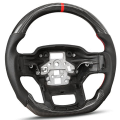 Carbon Fiber Steering Wheel for F150 2021-2024 D-shaped Flat-bottom Steering Wheel Perforated Leather Grip Hand-Stitched for Ford for F250/F350/F450 Models Without Paddle Shifters(Red Line) POFENZE