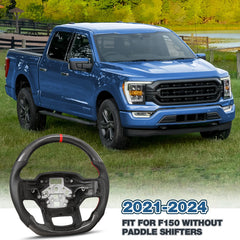 Carbon Fiber Steering Wheel for F150 2021-2024 D-shaped Flat-bottom Steering Wheel Perforated Leather Grip Hand-Stitched for Ford for F250/F350/F450 Models Without Paddle Shifters(Red Line) POFENZE