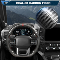 Carbon Fiber Steering Wheel for F150 2021-2024 D-shaped Flat-bottom Steering Wheel Perforated Leather Grip Hand-Stitched for Ford for F250/F350/F450 Models Without Paddle Shifters(Red Line) POFENZE