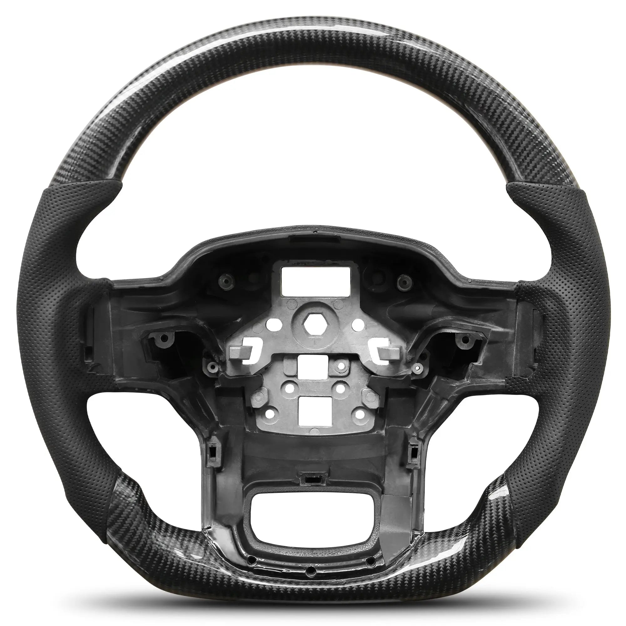 Carbon Fiber Steering Wheel for F150 2021-2024 D-shaped Flat-bottom Steering Wheel Preforated Leather Grip Hand-Stitched for Ford for F250/F350/F450 2023-2024 Models Without Paddle Shifters POFENZE
