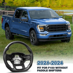 Carbon Fiber Steering Wheel for F150 2021-2024 D-shaped Flat-bottom Steering Wheel Preforated Leather Grip Hand-Stitched for Ford for F250/F350/F450 2023-2024 Models Without Paddle Shifters POFENZE