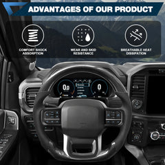 Carbon Fiber Steering Wheel for F150 2021-2024 D-shaped Flat-bottom Steering Wheel Preforated Leather Grip Hand-Stitched for Ford for F250/F350/F450 2023-2024 Models Without Paddle Shifters POFENZE