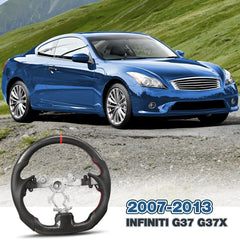 Carbon Fiber Steering Wheel for Infiniti G37 G37X 2007-2013, D-shaped Flat-bottom Nappa Perforated Leather Grip with Replacement Trim(Red Line) POFENZE