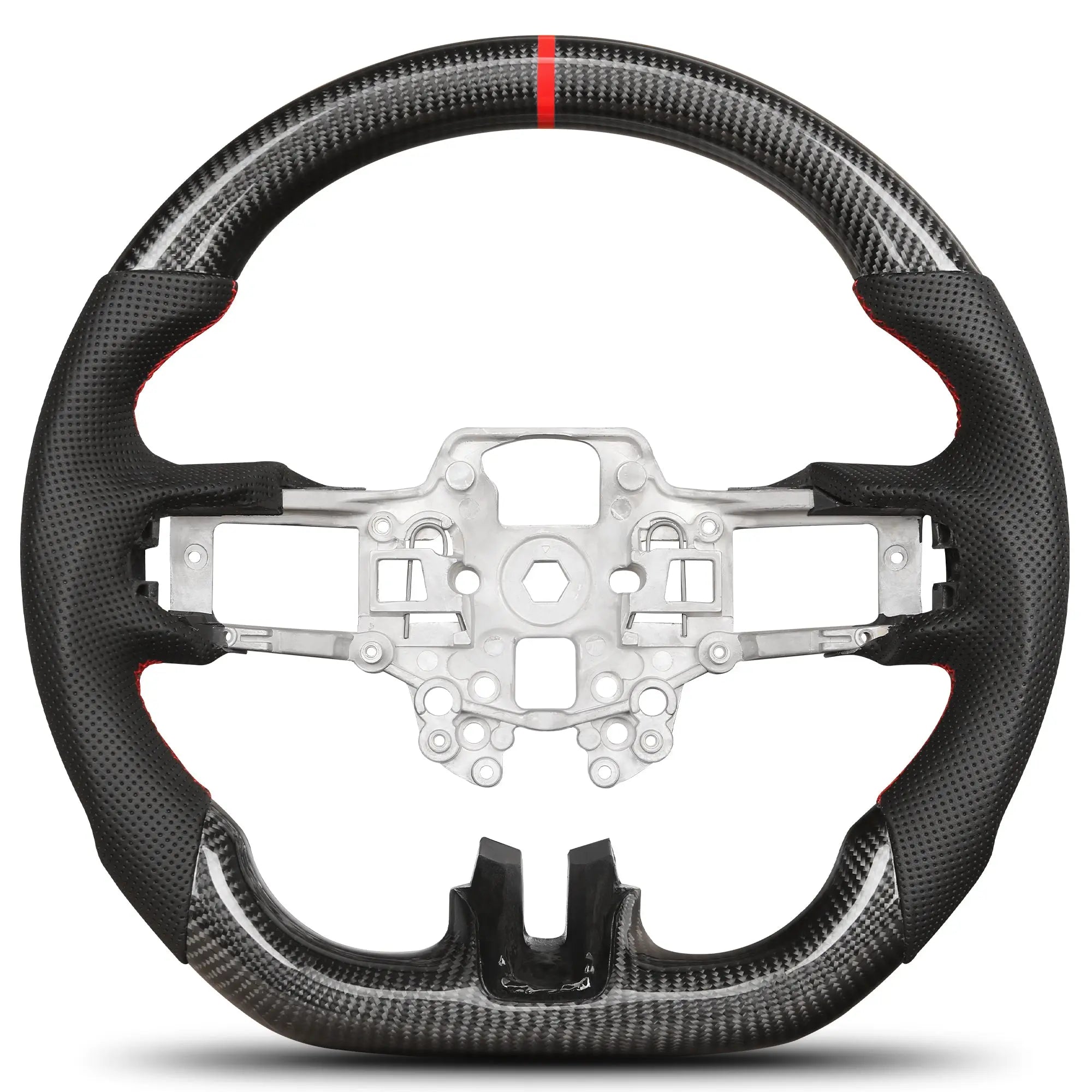 Carbon Fiber Steering Wheel for Mustang 2018-2022 Nappa Perforated Leather with Hand Stitching D-shaped Custom Steering Wheel for Mustang EcoBoost/GT for Shelby GT350/GT350R(Red Line) POFENZE