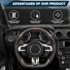 Carbon Fiber Steering Wheel for Mustang 2018-2022 Nappa Perforated Leather with Hand Stitching D-shaped Custom Steering Wheel for Mustang EcoBoost/GT for Shelby GT350/GT350R(Red Line) POFENZE