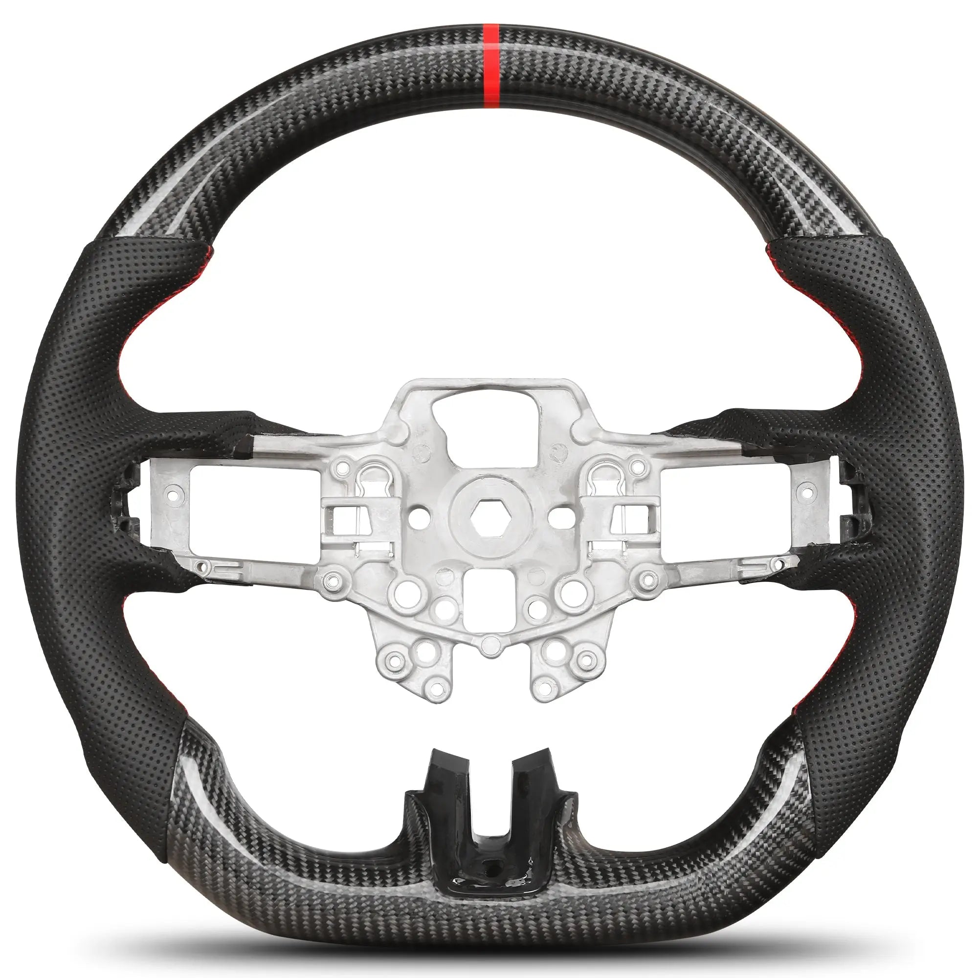 Carbon Fiber Steering Wheel for Mustang EcoBoost/GT/V6/Shelby GT350/GT350R 2015-2017 D-shaped Nappa Perforated Leather Flat-bottom Custom Steering Wheel(Red Line) POFENZE