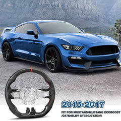 Carbon Fiber Steering Wheel for Mustang EcoBoost/GT/V6/Shelby GT350/GT350R 2015-2017 D-shaped Nappa Perforated Leather Flat-bottom Custom Steering Wheel(Red Line) POFENZE