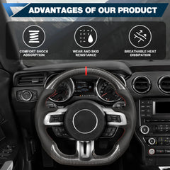 Carbon Fiber Steering Wheel for Mustang EcoBoost/GT/V6/Shelby GT350/GT350R 2015-2017 D-shaped Nappa Perforated Leather Flat-bottom Custom Steering Wheel(Red Line) POFENZE