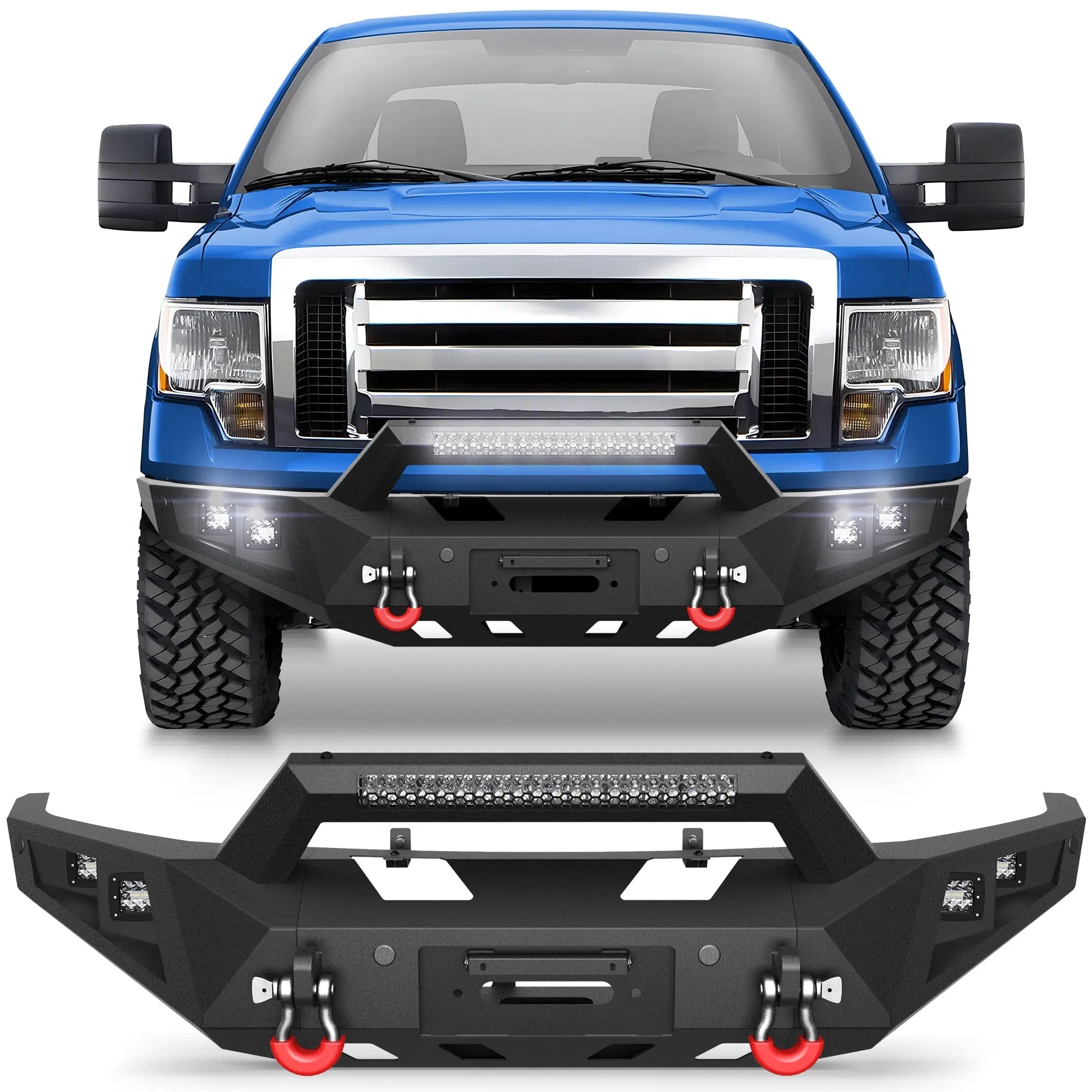 F150 Front Bumper for 2009-2014 Ford F150 Pickup, w/Winch Plate, LED Lights, D-rings and License Plate Bracket (Excluding Raptor) POFENZE