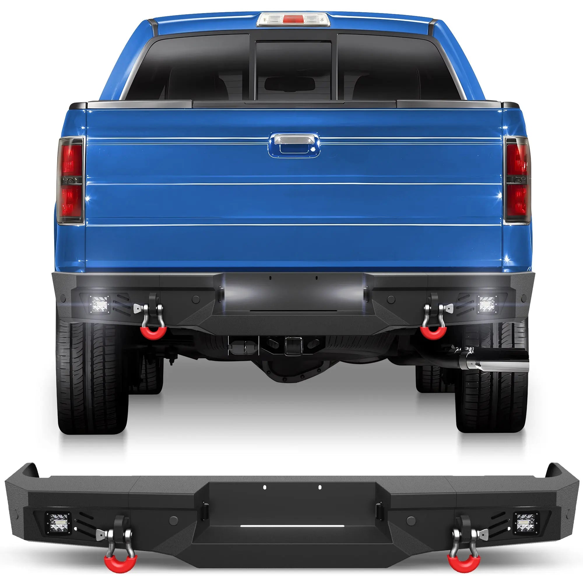 F150 Rear Bumper for 2009-2014 Ford F150 Pickup, w/Step Plate, Fog Lights, License Plate Lights and D-rings (Excluding Raptor) POFENZE