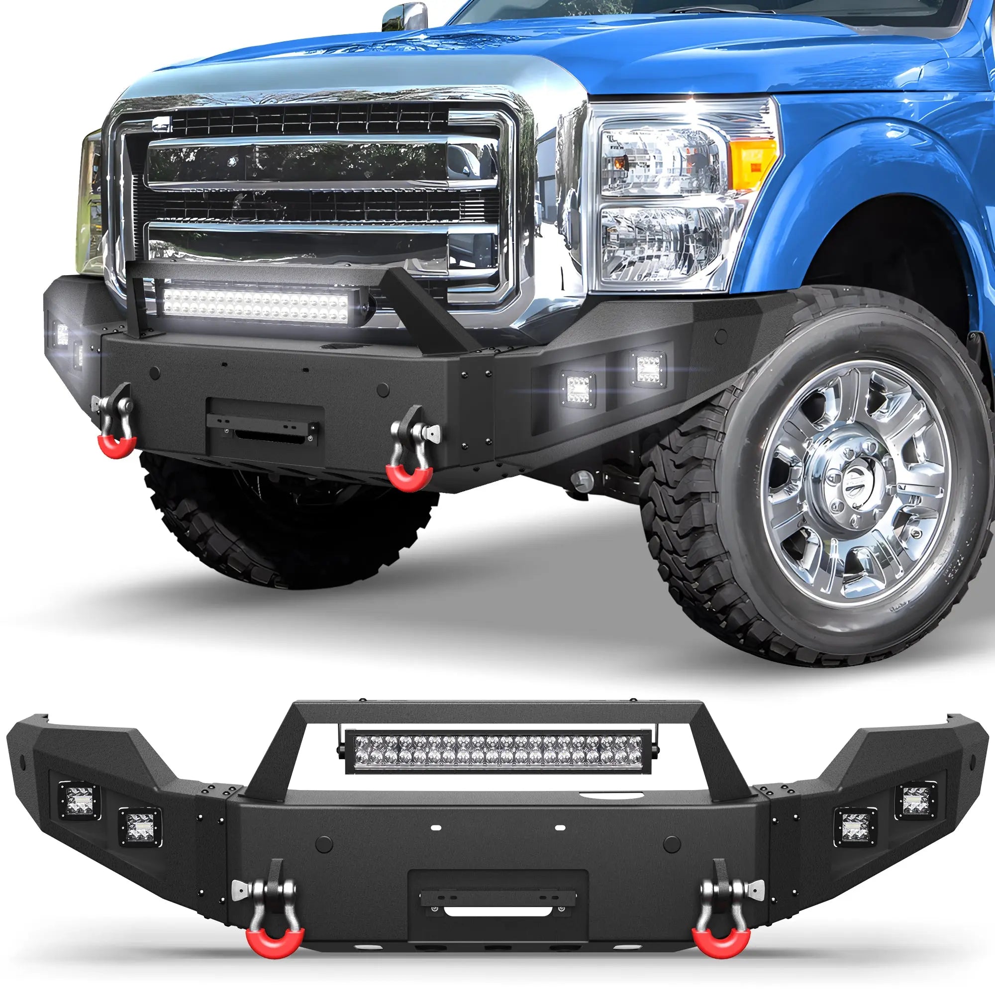 F250 Front Bumper Full Width for 2011-2016 Ford F250/F350/F450 Pickup, w/Winch Plate, LED Lights, D-rings and License Plate Bracket POFENZE