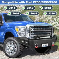 F250 Front Bumper Full Width for 2011-2016 Ford F250/F350/F450 Pickup, w/Winch Plate, LED Lights, D-rings and License Plate Bracket POFENZE