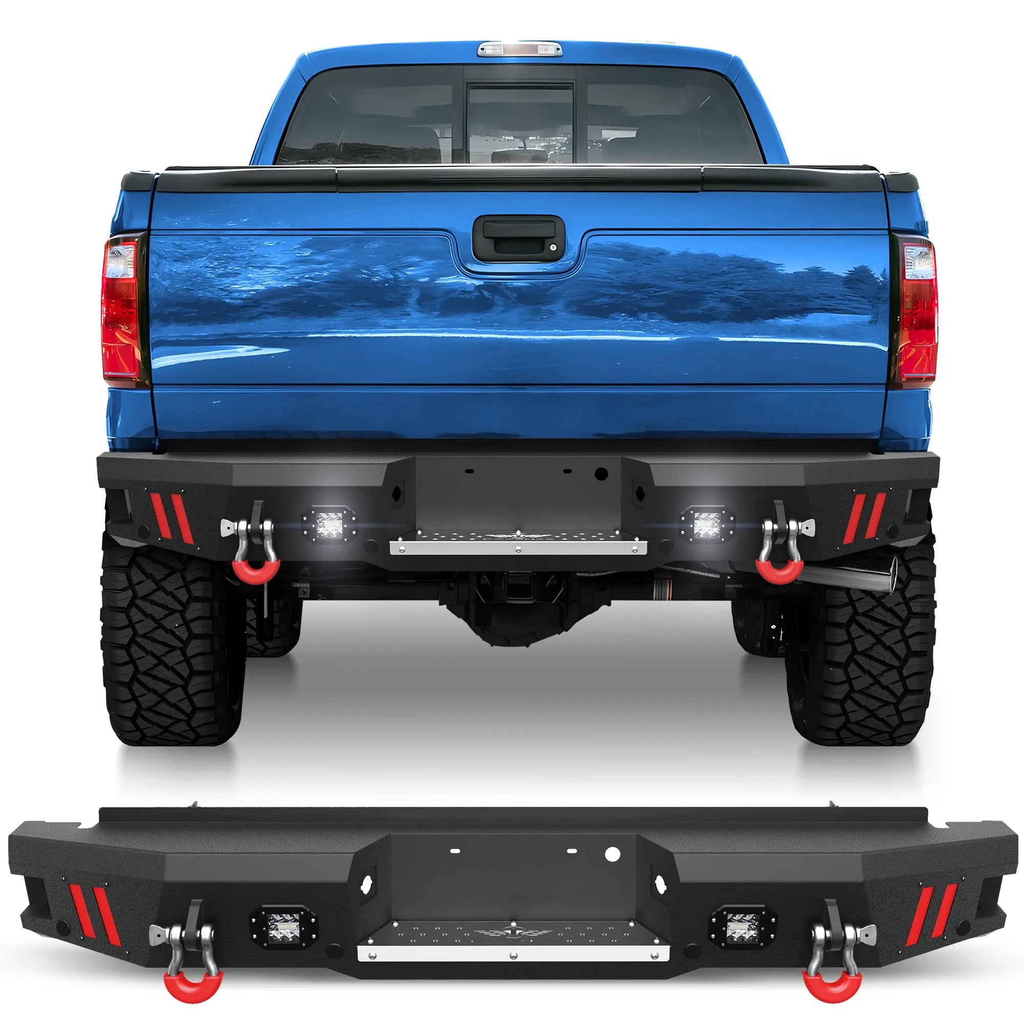 F250 Rear Bumper Full Width for 1999-2016 Ford F250/F350/F450, w/Step Plate, Fog Lights, D-rings and Sensor Holes POFENZE