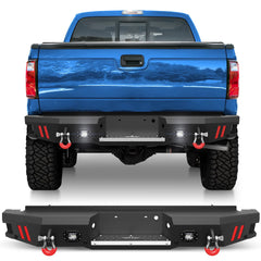 F250 Rear Bumper Full Width for 1999-2016 Ford F250/F350/F450, w/Step Plate, Fog Lights, D-rings and Sensor Holes POFENZE