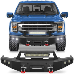 Fits 2021-2024 Ford F150 Front Bumper Winch Front Bumper Textured Black Off Road Bumper with Light Bar POFENZE