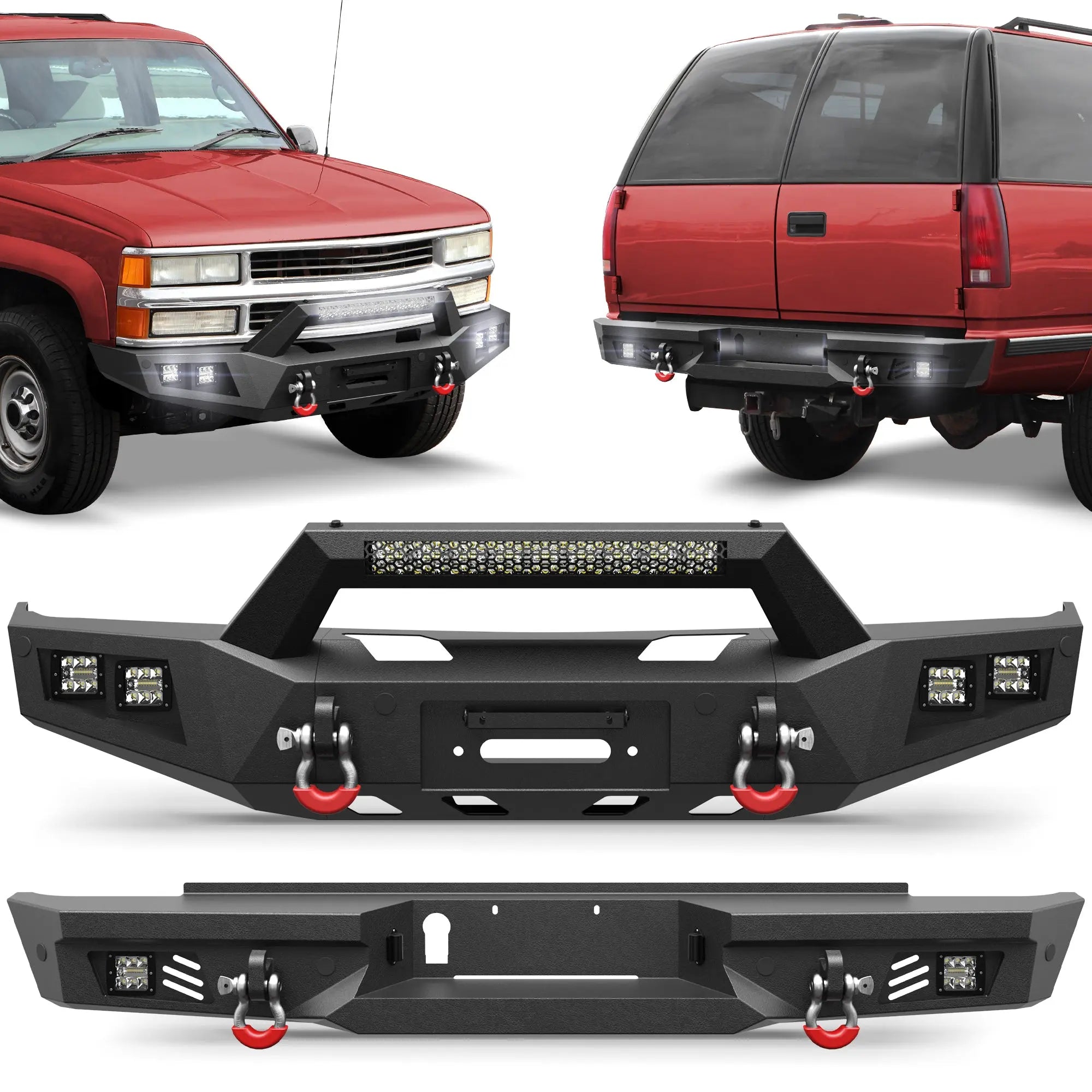 For 1992-1993-1994-1995-1996-1997-1998-1999 Chevy Suburban Tahoe & GMC Yukon Bumper Combo Steel Offroad Front and Rear Bumper with Winch Plate and Lights - POFENZE