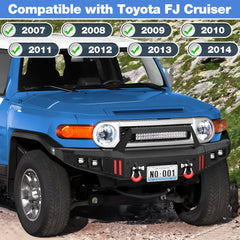 Front Bumper Compatible with 2007-2014 1st Gen Toyota FJ Cruiser Rock Crawler Bumper Equipped with Winch Plate, 1 x 144W LED Long Light Bar, 4 x 18W LED Lights, D-rings & License Plate Bracket POFENZE