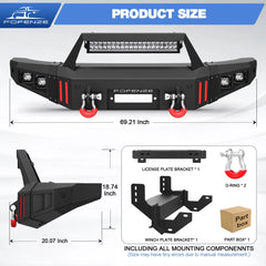 Front Bumper Compatible with 2007-2014 1st Gen Toyota FJ Cruiser Rock Crawler Bumper Equipped with Winch Plate, 1 x 144W LED Long Light Bar, 4 x 18W LED Lights, D-rings & License Plate Bracket POFENZE