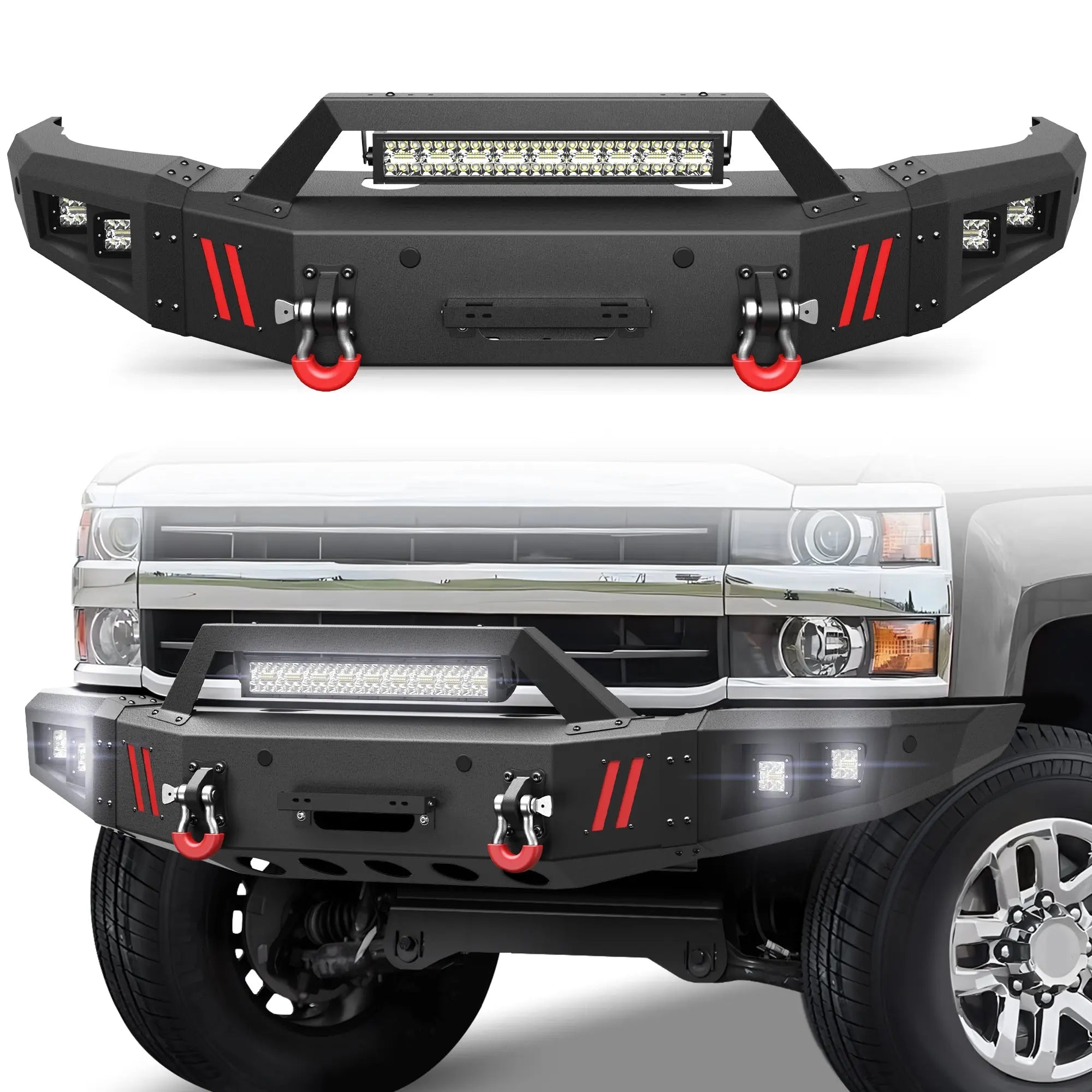 Front Bumper Compatible with Chevrolet Silverado 2500/3500 HD 2015-2019, Textured Black Pickup Truck Bumper for 2015-2019 Chevry Silverado 2500 3500, with Winch Plate, Lights and D-rings POFENZE