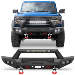 Front Bumper Compatible with Ford Bronco 2021-2024, Textured Black Pickup Truck Bumper for 2021-2024 Ford Bronco, with Winch Plate, Lights & D-rings (Excluding Bronco Sport or Raptor) POFENZE