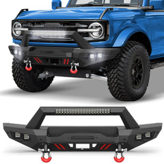 Front Bumper Compatible with Ford Bronco 2021-2024, Textured Black Pickup Truck Bumper for 2021-2024 Ford Bronco, with Winch Plate, Lights & D-rings (Excluding Bronco Sport or Raptor) POFENZE