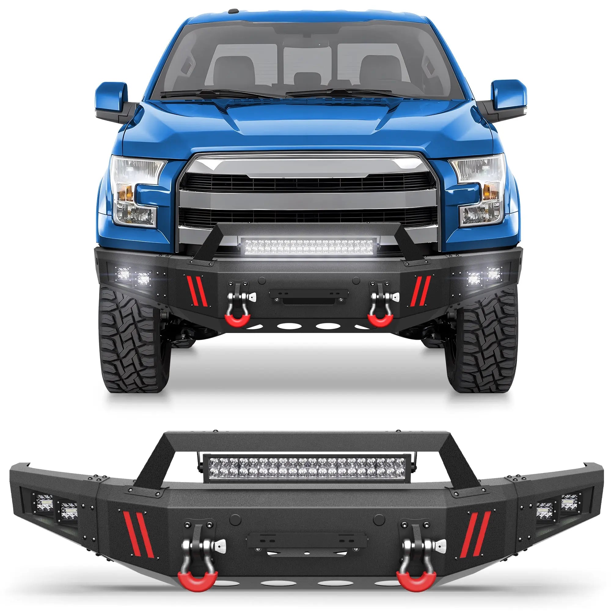 Front Bumper Compatible with Ford F-150 2015 2016 2017, Textured Black Pickup Truck F150 Bumper w/Winch Plate, Lights, D-rings, License Plate Plate, Sensor Holes (Excluding Raptor & Ecoboost) POFENZE