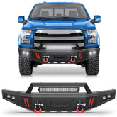 Front Bumper Compatible with Ford F-150 2015 2016 2017, Textured Black Pickup Truck F150 Bumper w/Winch Plate, Lights, D-rings, License Plate Plate, Sensor Holes (Excluding Raptor & Ecoboost) POFENZE