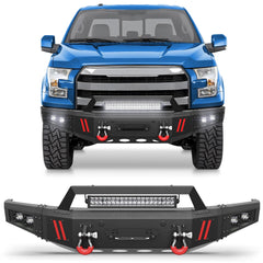 Front Bumper Compatible with Ford F-150 2015 2016 2017, Textured Black Pickup Truck F150 Bumper w/Winch Plate, Lights, D-rings, License Plate Plate, Sensor Holes (Excluding Raptor & Ecoboost) POFENZE